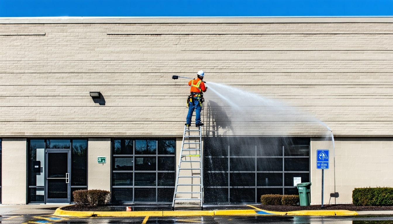 Power washing service on building exterior