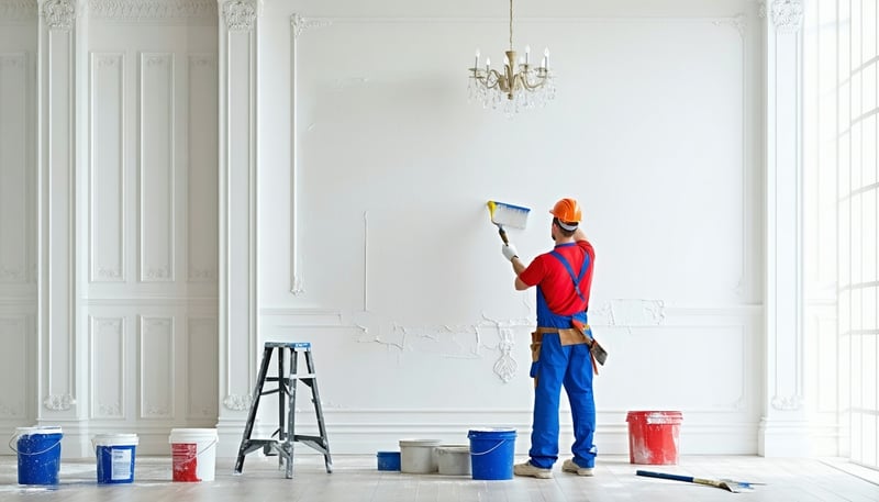 Professional painter applying a fresh coat of paint to an interior wall. Professional painter applying a fresh coat of paint to an interior wall.