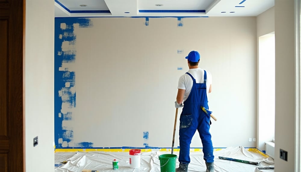 Professional painter working on a residential interior wall Professional painter working on a residential interior wall